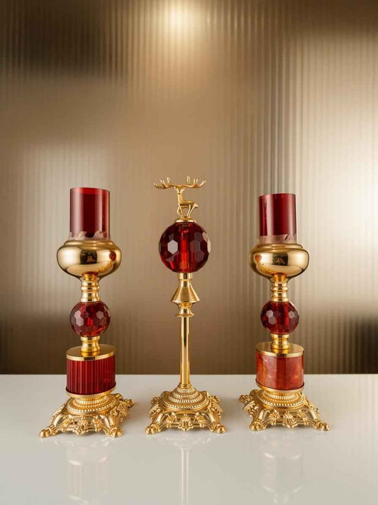 Luxury Ruby Red Crystal Candle Holder & Stag Centerpiece Set (3-Piece)