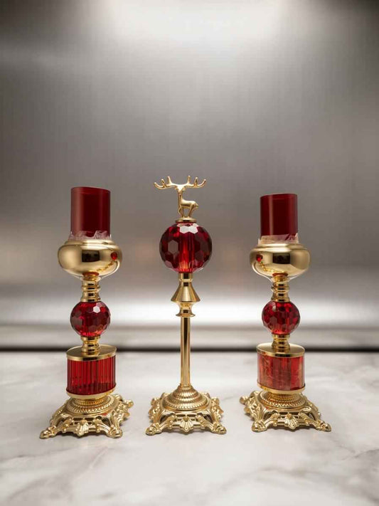 Luxury Ruby Red Crystal Candle Holder & Stag Centerpiece Set (3-Piece)