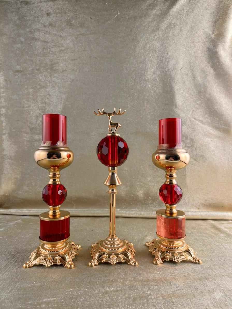 Luxury Ruby Red Crystal Candle Holder & Stag Centerpiece Set (3-Piece)