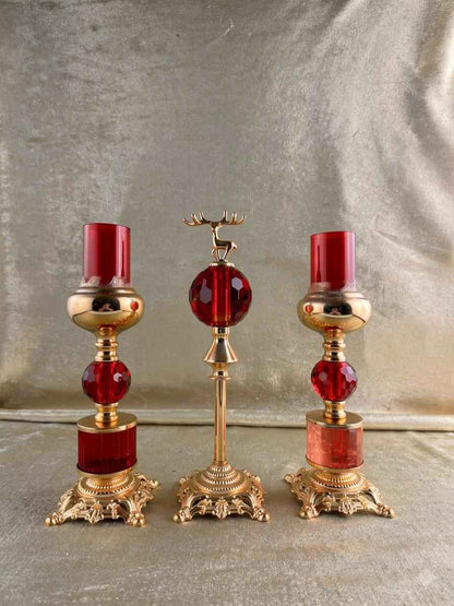 Luxury Ruby Red Crystal Candle Holder & Stag Centerpiece Set (3-Piece)