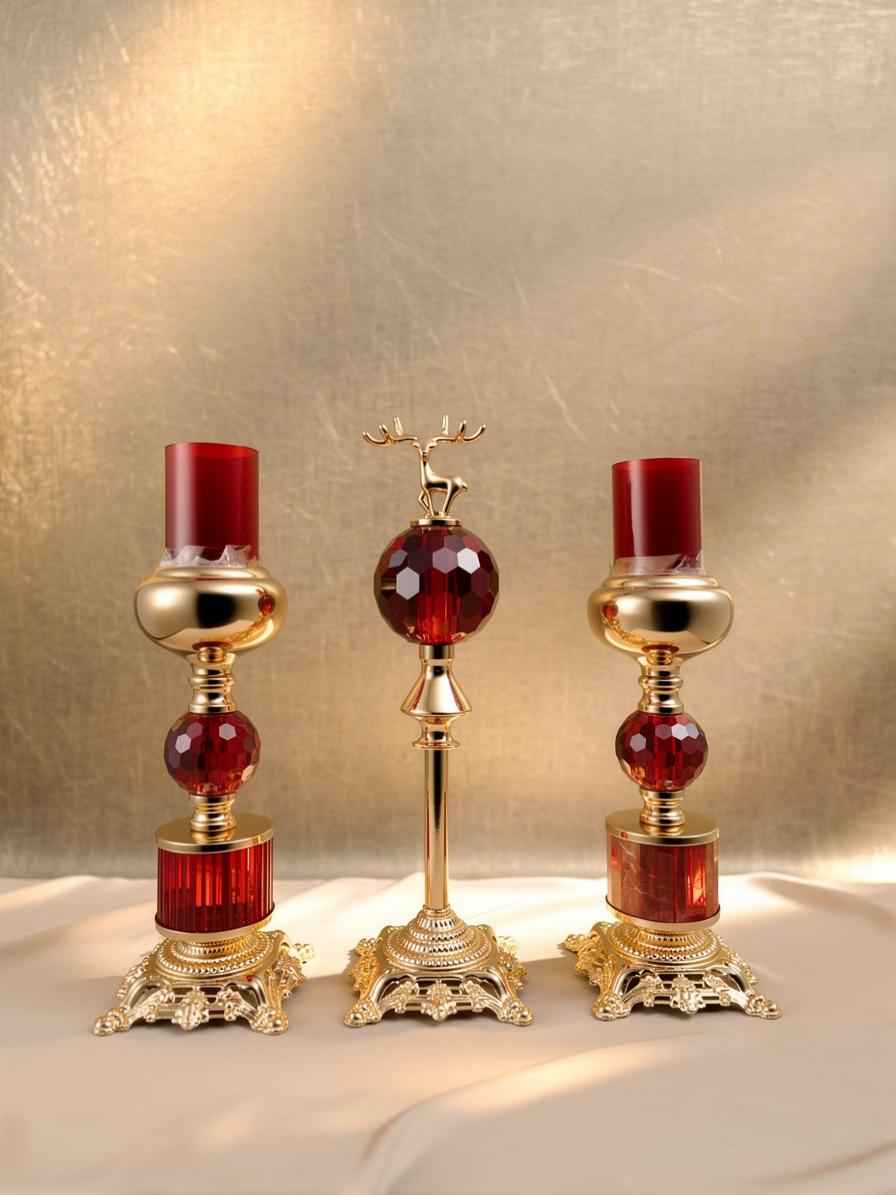 Luxury Ruby Red Crystal Candle Holder & Stag Centerpiece Set (3-Piece)