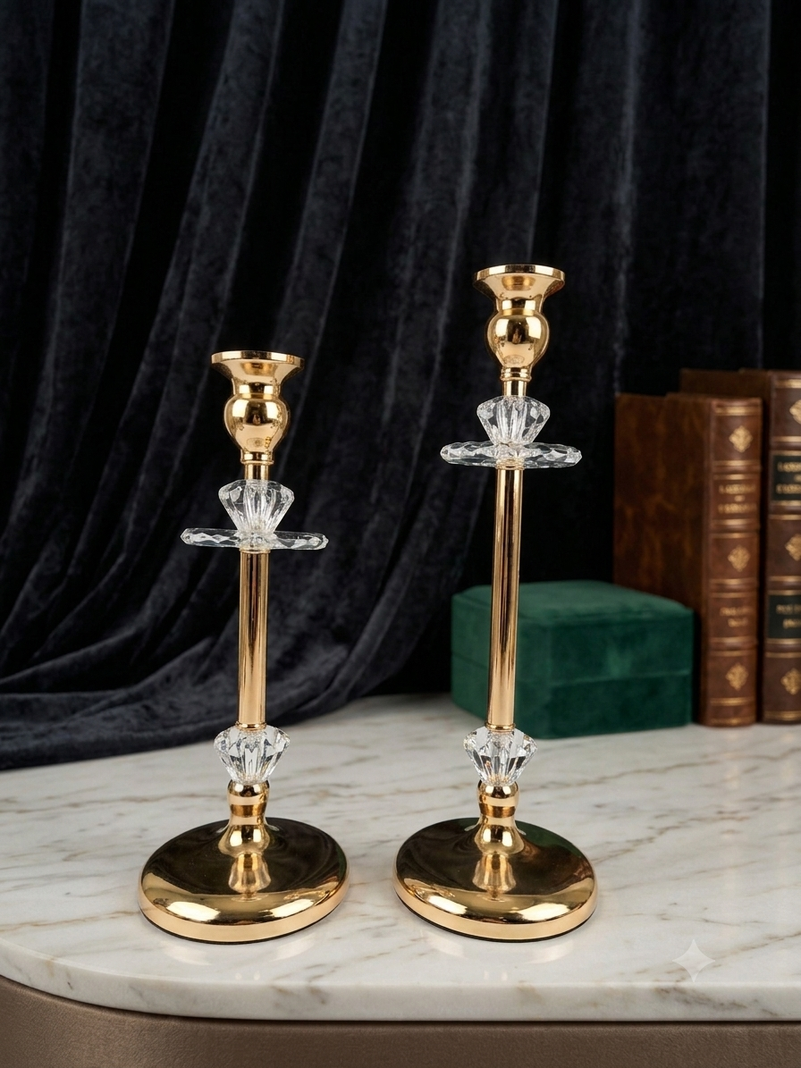 Premium Metal & Crystal Candle Holders Set