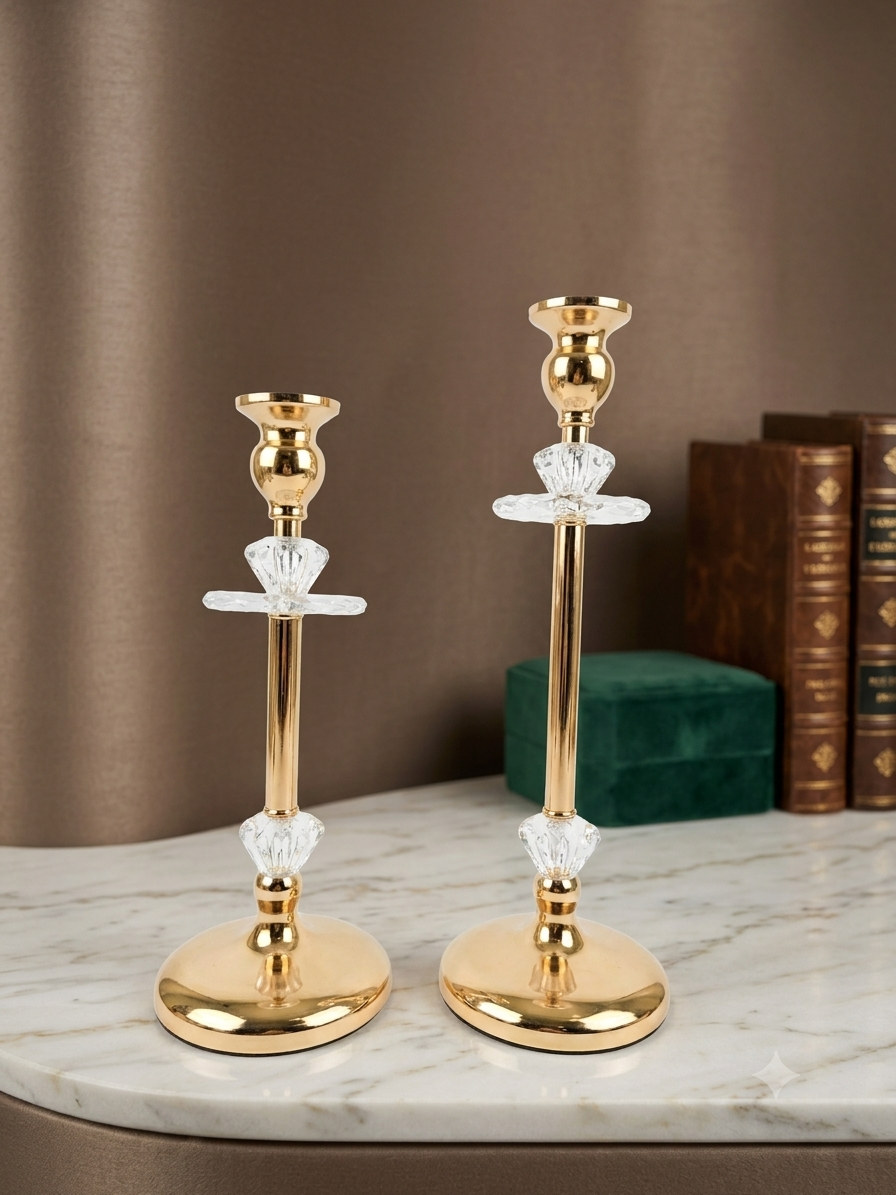Premium Metal & Crystal Candle Holders Set