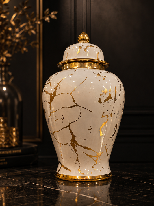 White And Gold Ceramic Vase - Marble Effect Ceramic Temple Jar - Home Decor Pakistan  | Decor Lounge pk