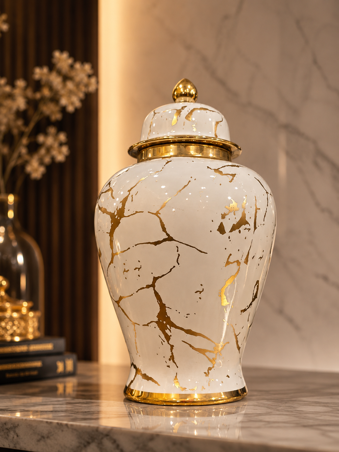 White And Gold Ceramic Vase - Marble Effect Ceramic Temple Jar - Home Decor Pakistan  | Decor Lounge pk