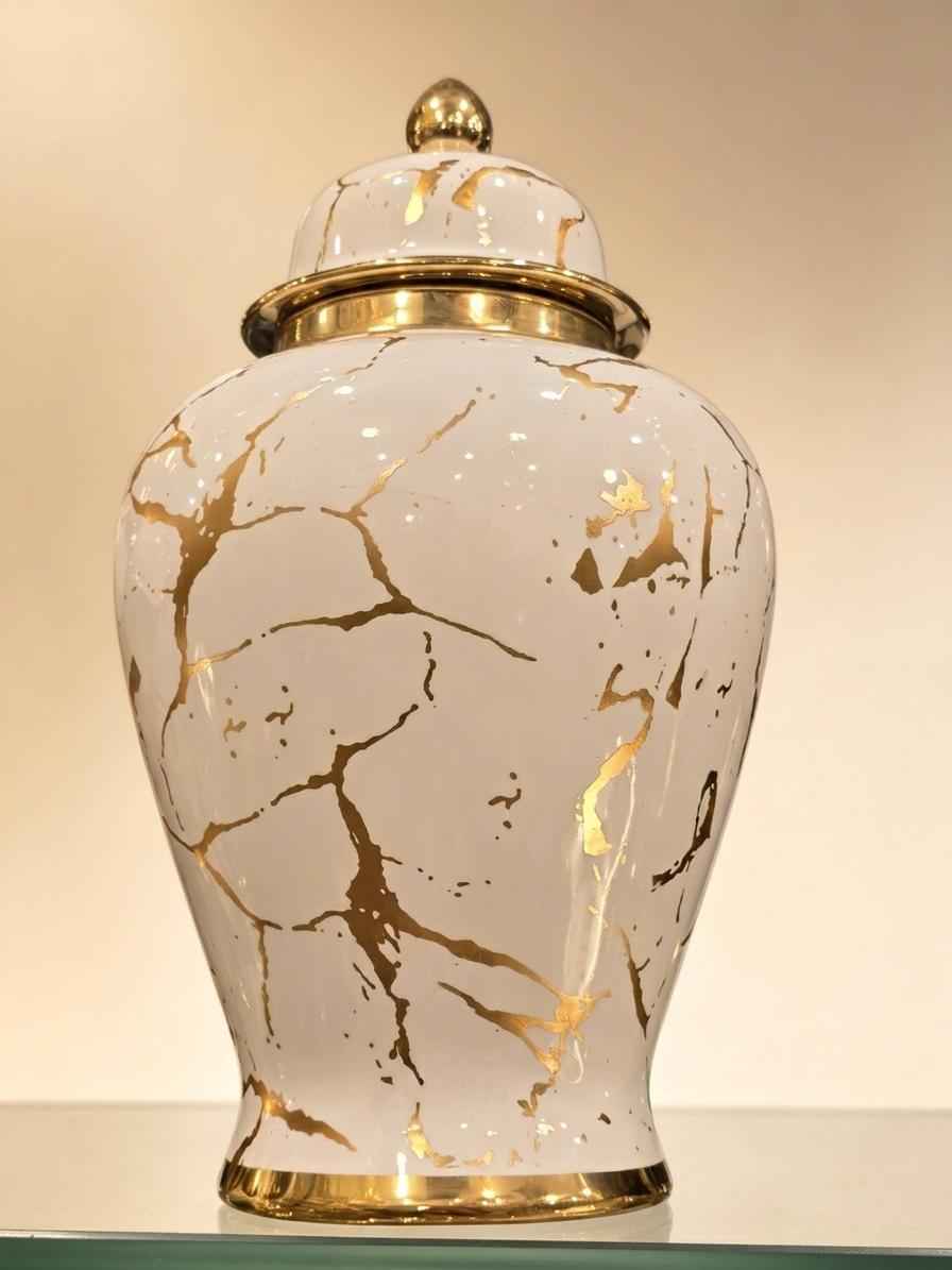 White And Gold Ceramic Vase - Marble Effect Ceramic Temple Jar
