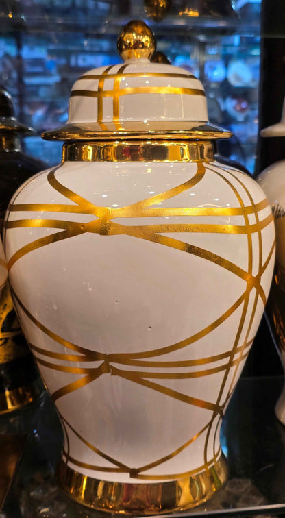 White and Gold Geometric Ceramic Ginger Jar - Modern Decorative Vase