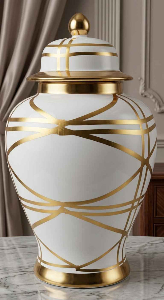 White and Gold Geometric Ceramic Ginger Jar - Modern Decorative Vase