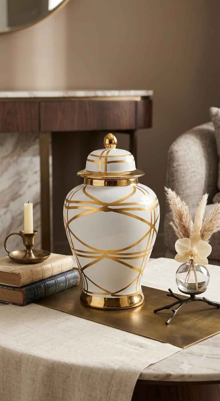 White and Gold Geometric Ceramic Ginger Jar - Modern Decorative Vase