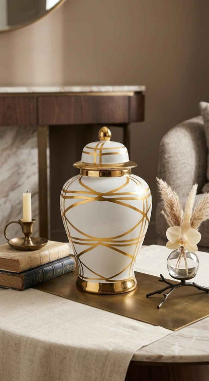 White and Gold Geometric Ceramic Ginger Jar - Modern Decorative Vase