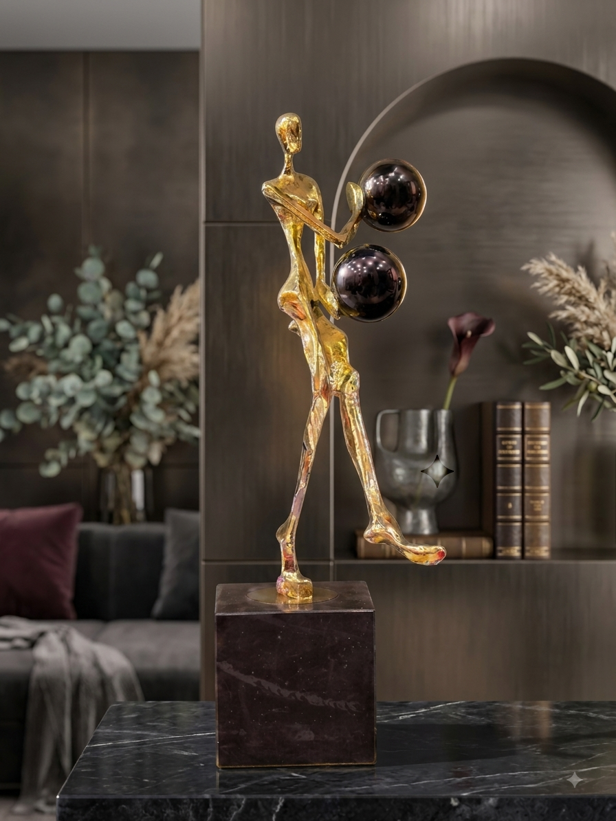Golden Abstract Human Sculpture with Black Spheres