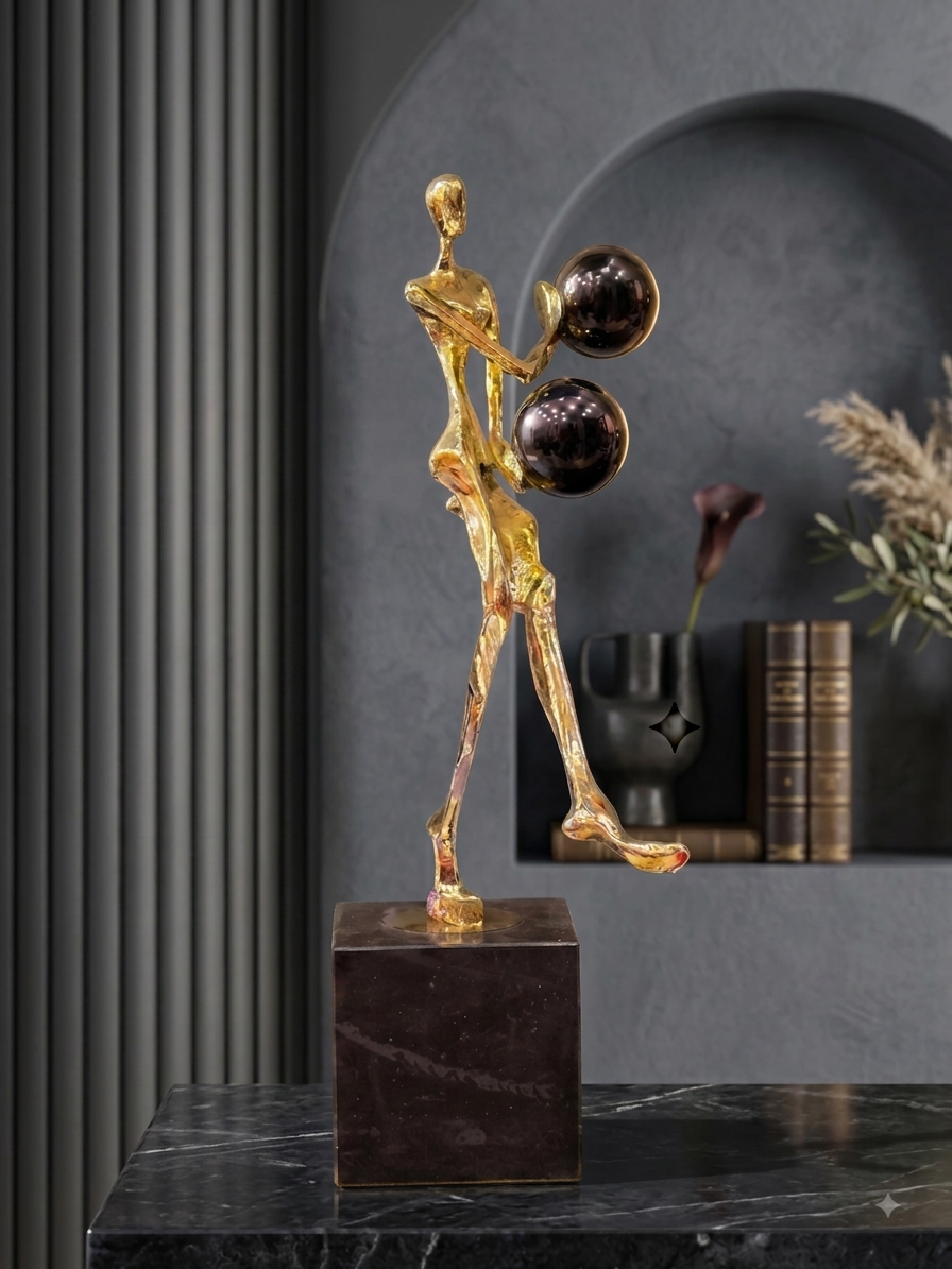 Golden Abstract Human Sculpture with Black Spheres