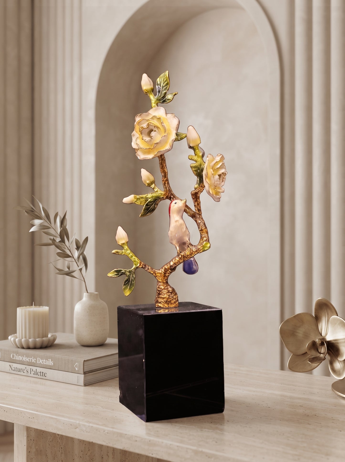 Handcrafted Enamel Plum Blossom & Hummingbird – Sculptural Décor