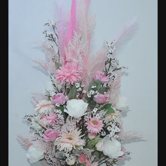 Blush Pink Dried Pampas Grass & Artificial Flower Arrangement - Modern High-Gloss Vase