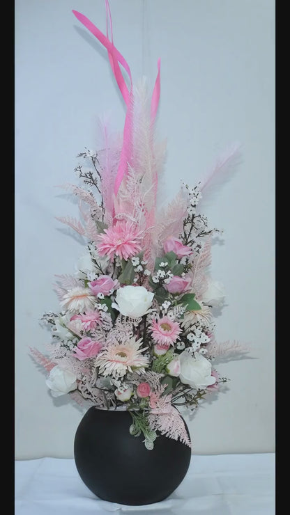 Blush Pink Dried Pampas Grass & Artificial Flower Arrangement - Modern High-Gloss Vase