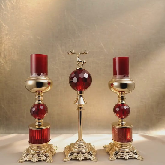 Luxury Ruby Red Crystal Candle Holder & Stag Centerpiece Set (3-Piece)