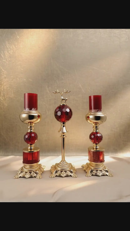 Luxury Ruby Red Crystal Candle Holder & Stag Centerpiece Set (3-Piece)