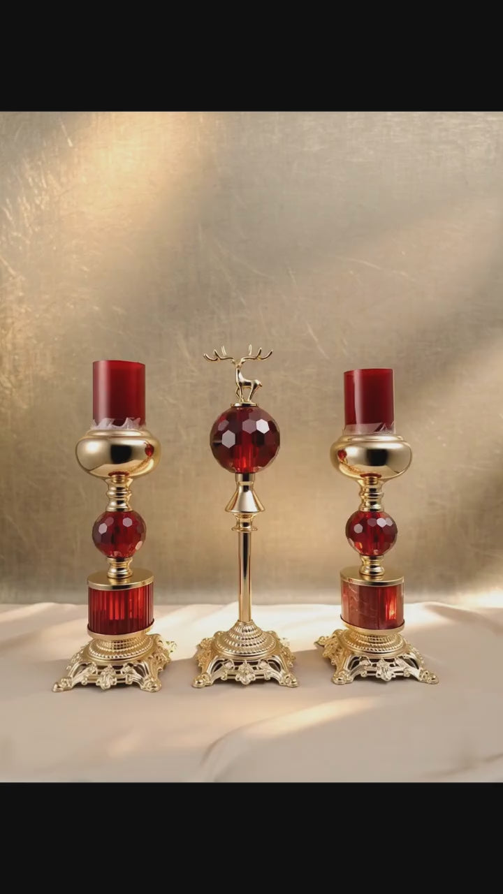 Luxury Ruby Red Crystal Candle Holder & Stag Centerpiece Set (3-Piece)